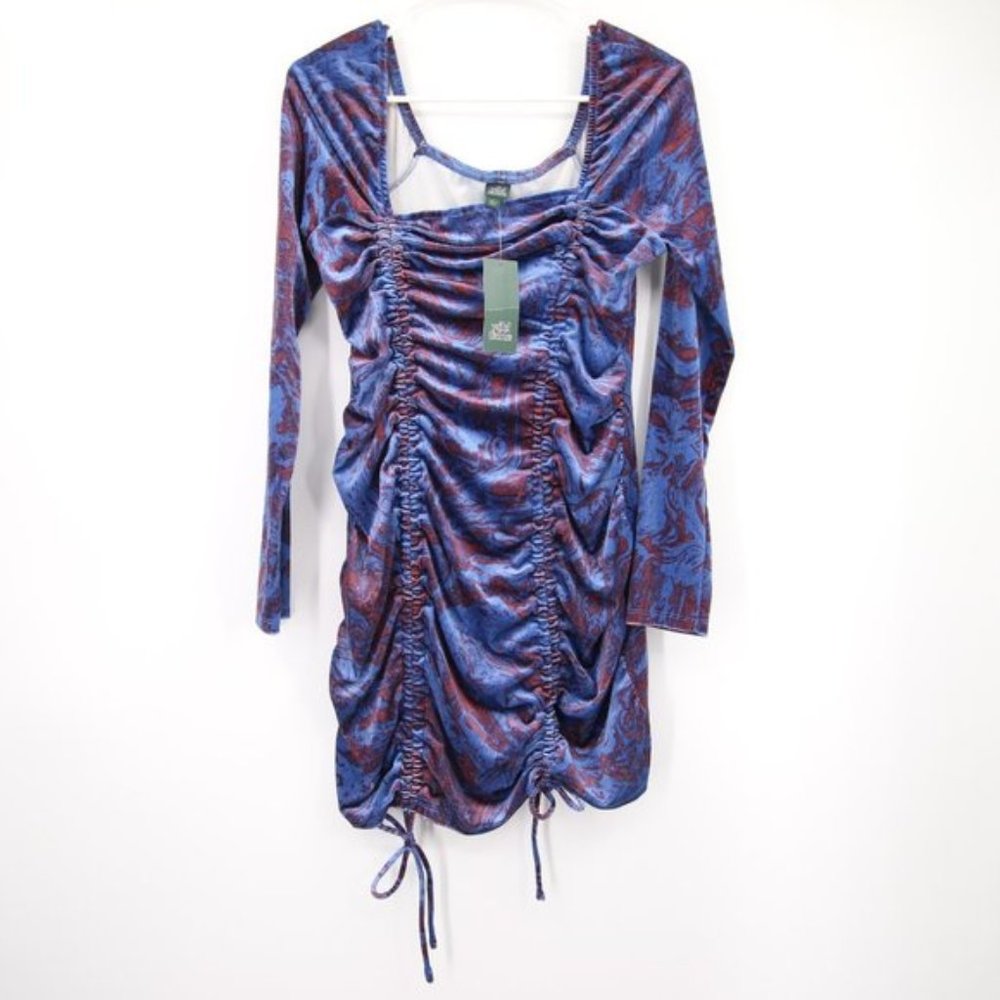 NWT Wild Fable Velvet Bodycon Blue Marble Long Sleeve Ruched Mini Size XS & L